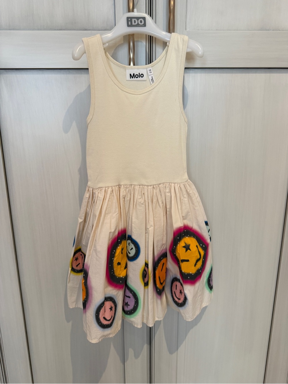 Molo Cream Tank Dress with Colorful Smiley Print Skirt
